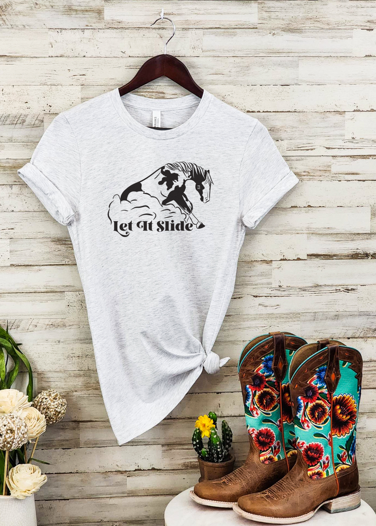 Let It Slide Reining Short Sleeve Tee [4 colors] tcc graphic tee - $19.99 The Cinchy Cowgirl Small Ash 