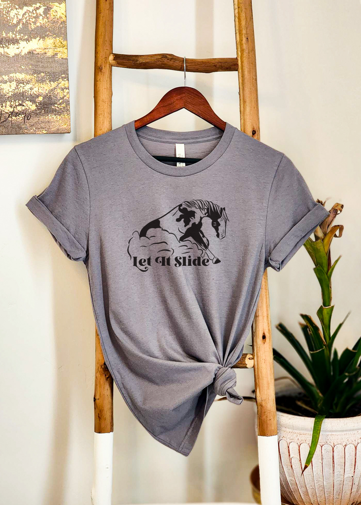 Let It Slide Reining Short Sleeve Tee [4 colors] tcc graphic tee - $19.99 The Cinchy Cowgirl Small Storm (Dark Gray) 