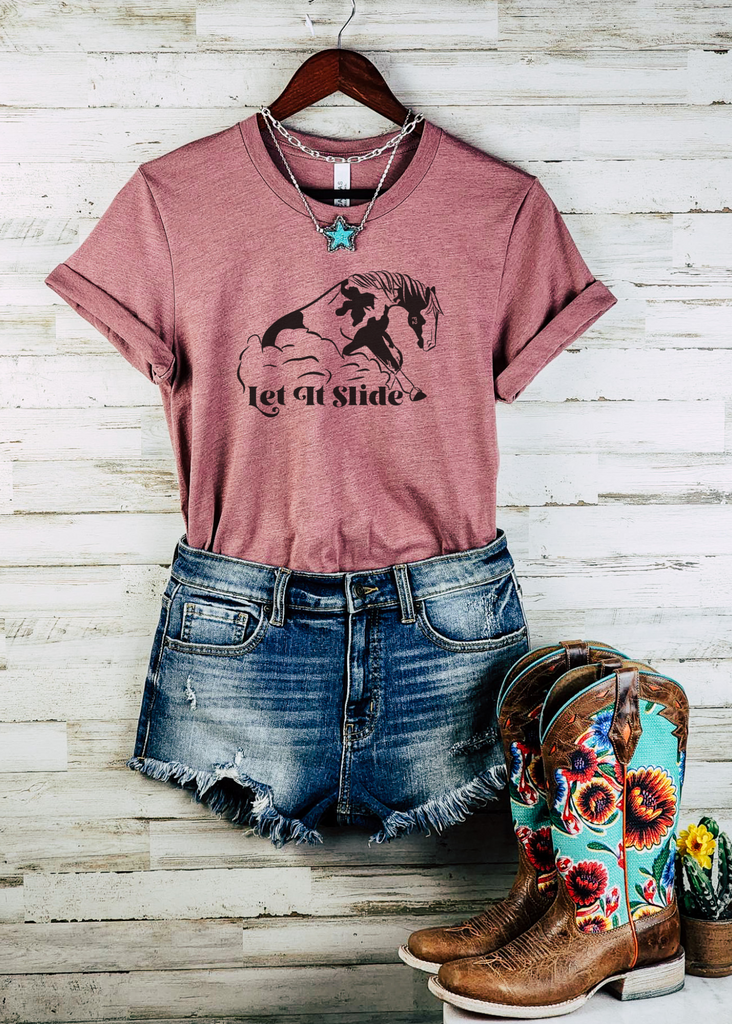 Let It Slide Reining Short Sleeve Tee [4 colors] tcc graphic tee - $19.99 The Cinchy Cowgirl Small Mauve 