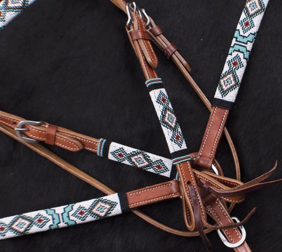 Turquoise & Red Beaded Headstall Set headstall set Shiloh   