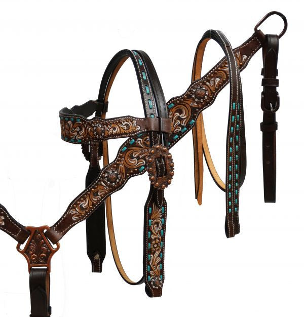 OUT OF STOCK Floral Teal Buck Stitch Headstall Set headstall set Shiloh   