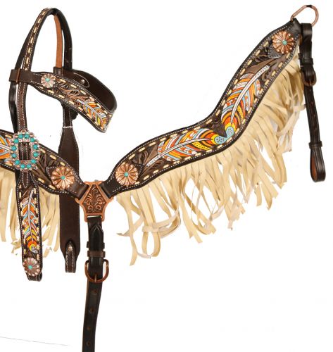 Tan Fringe Feather Headstall Set headstall set Shiloh   