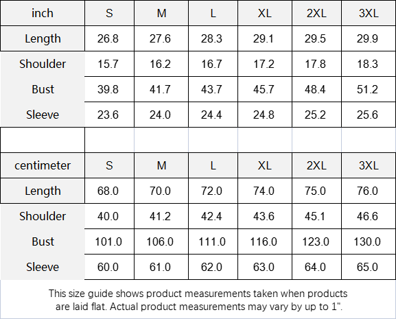 White size chart with black lettering reading sizes small to 3XL.