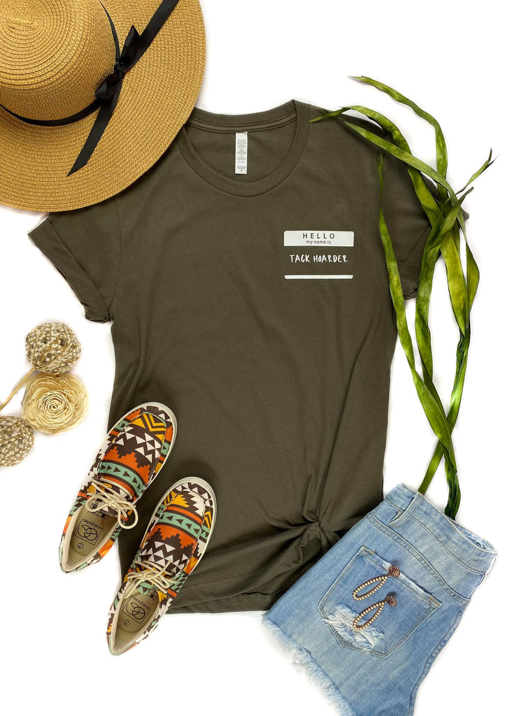Army Green Hello Tack Hoarder Side Short Sleeve Tee tcc graphic tee The Cinchy Cowgirl   