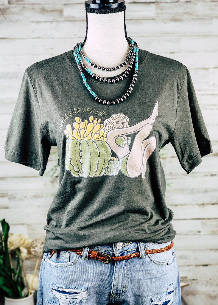 Army Green Keeping The West Wild Short Sleeve Graphic Tee tcc graphic tee The Cinchy Cowgirl   