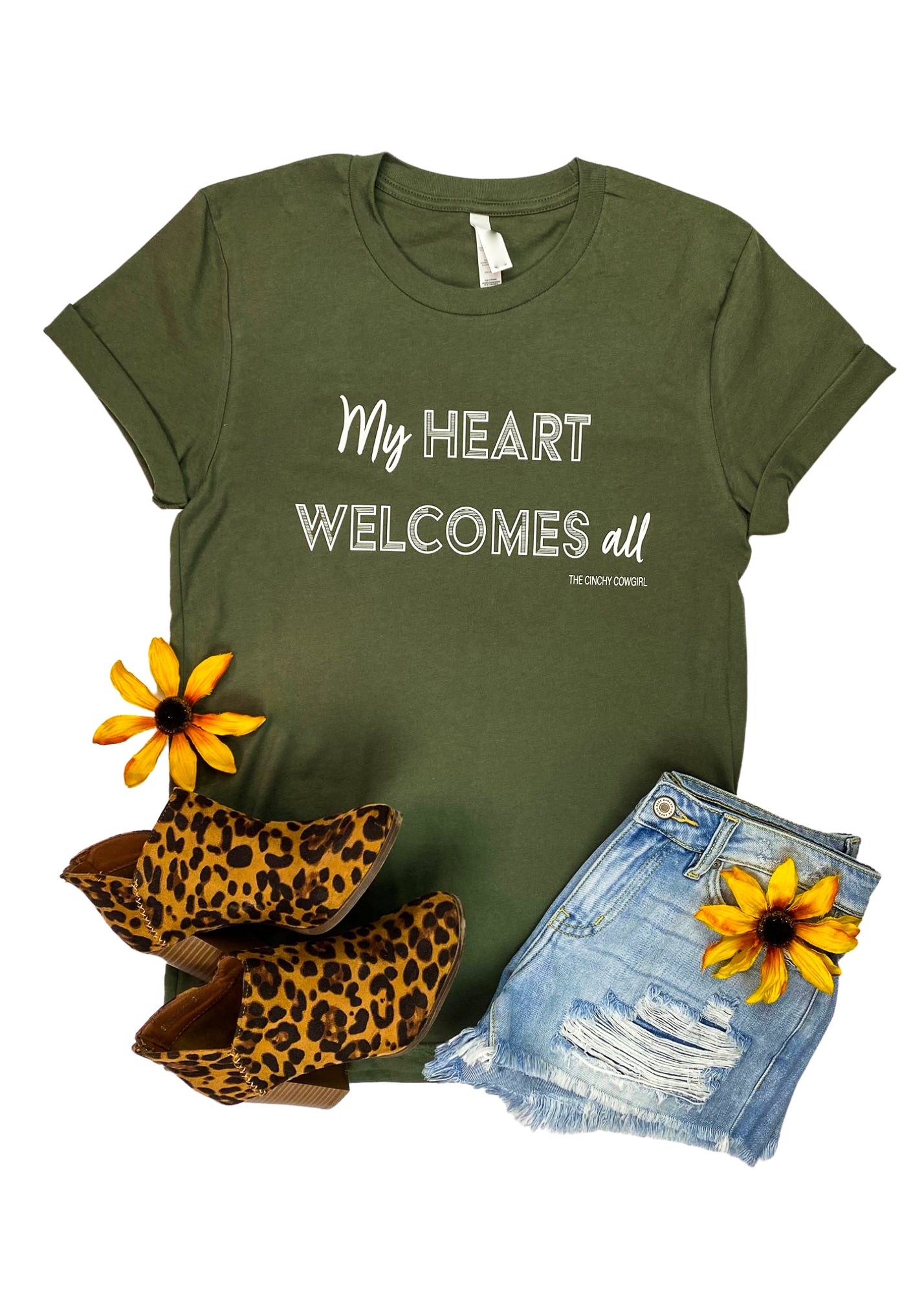 Army Green My Heart Welcomes All Short Sleeve Tee tcc graphic tee The Cinchy Cowgirl