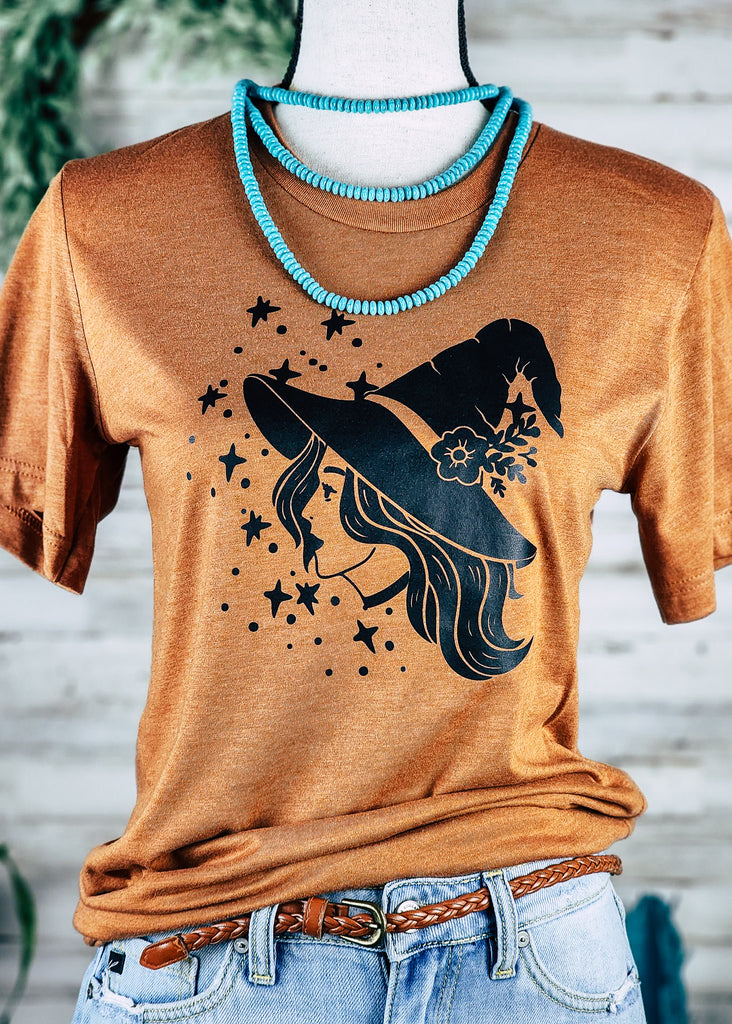 Autumn Orange Starry Witch Short Sleeve Graphic Tee tcc graphic tee The Cinchy Cowgirl   