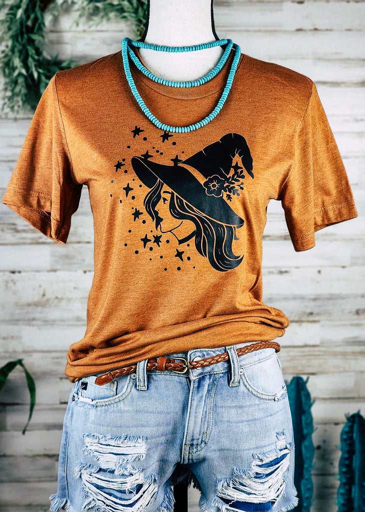 Autumn Orange Starry Witch Short Sleeve Graphic Tee tcc graphic tee The Cinchy Cowgirl   