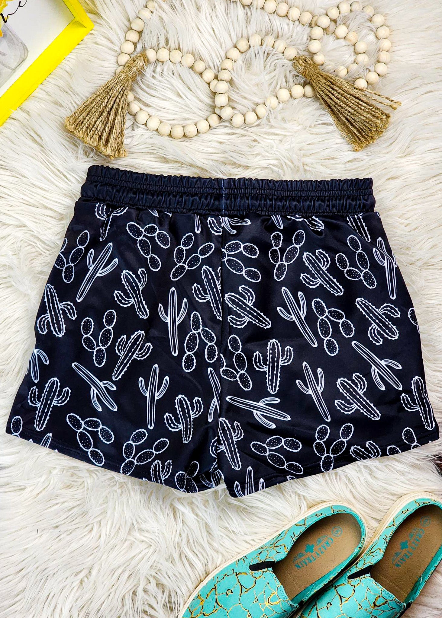 Black Cactus Drawstring Shorts drawstring shorts The Cinchy Cowgirl (YC)   