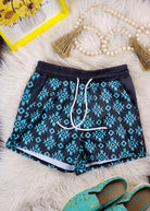 Black & Turquoise Aztec Drawstring Shorts Shorts The Cinchy Cowgirl (YC) XS