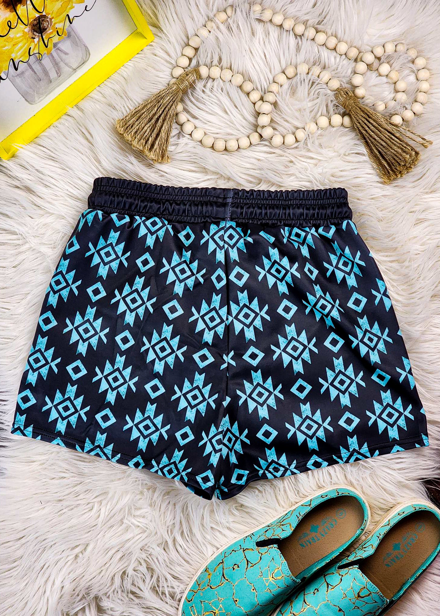 Black & Turquoise Aztec Drawstring Shorts Shorts The Cinchy Cowgirl (YC)   
