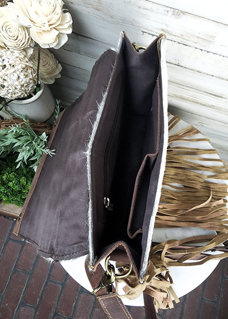 Brown & White Pagosa Cowhide Crossbody Handbag Non Concealed Carry Crossbody Handbag Shiloh   