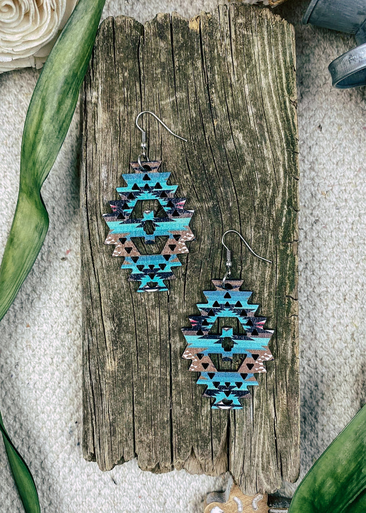 Blue Hues Aztec Wood Earrings earrings The Cinchy Cowgirl   