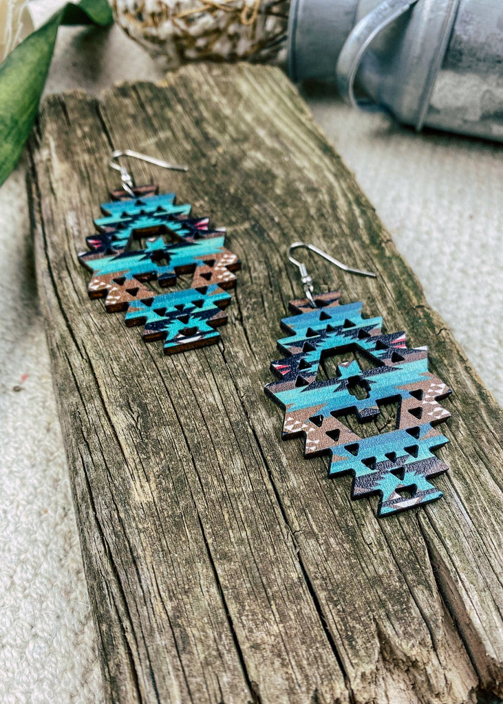 Blue Hues Aztec Wood Earrings earrings The Cinchy Cowgirl   