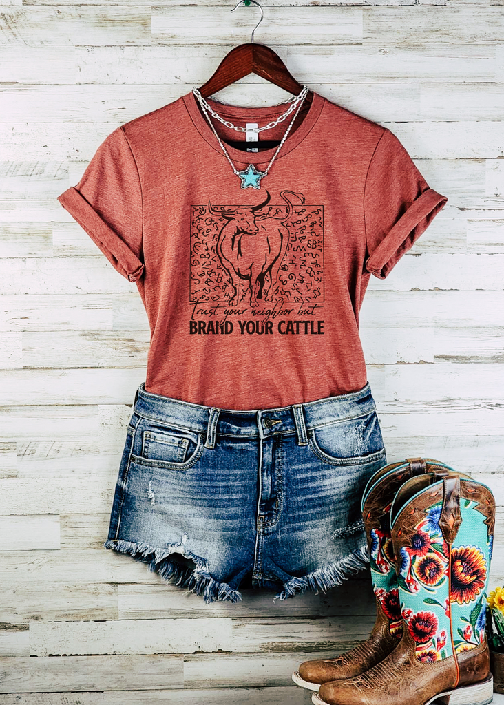 Brand Your Cattle Short Sleeve Tee [4 colors] tcc graphic tee - $19.99 The Cinchy Cowgirl Small Heather Clay 