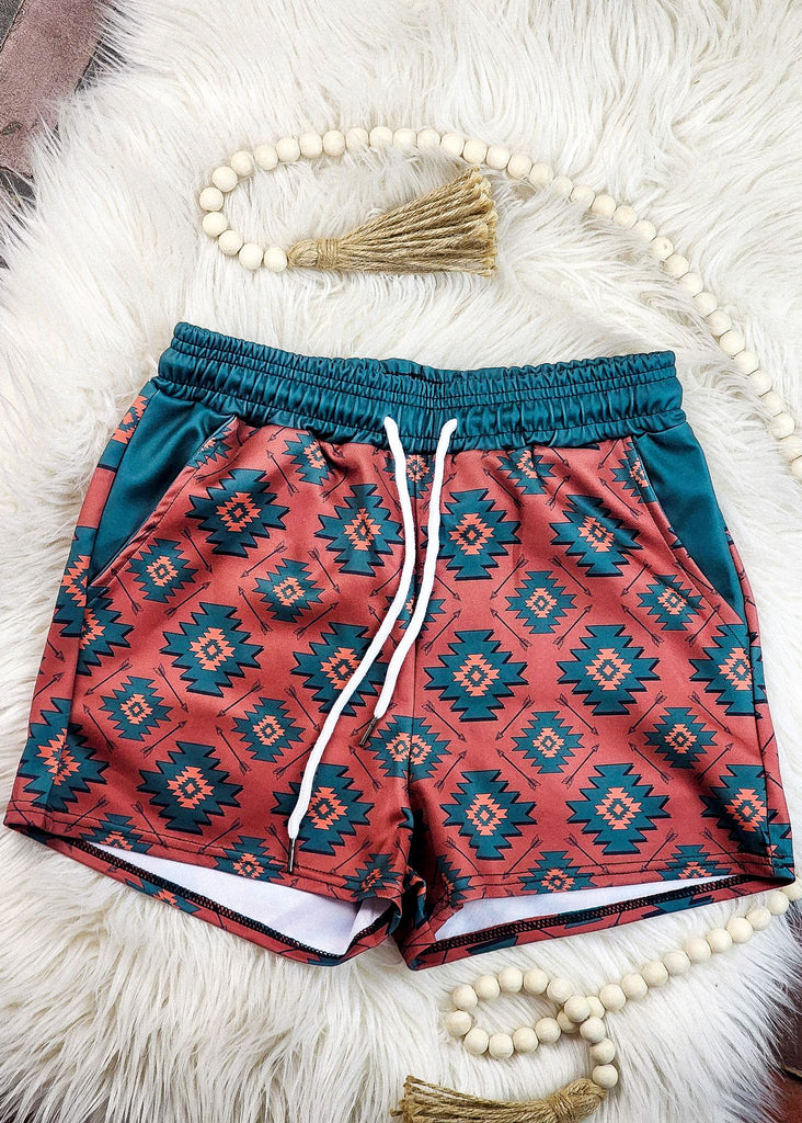 Brown Rust & Green Aztec Drawstring Shorts TCC Shorts The Cinchy Cowgirl (YC) XS  