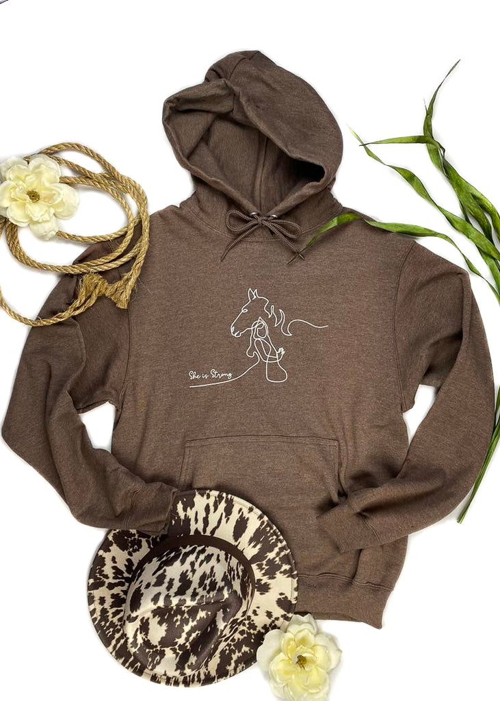 Brown She Is Strong Hoodie graphic hoodie The Cinchy Cowgirl   