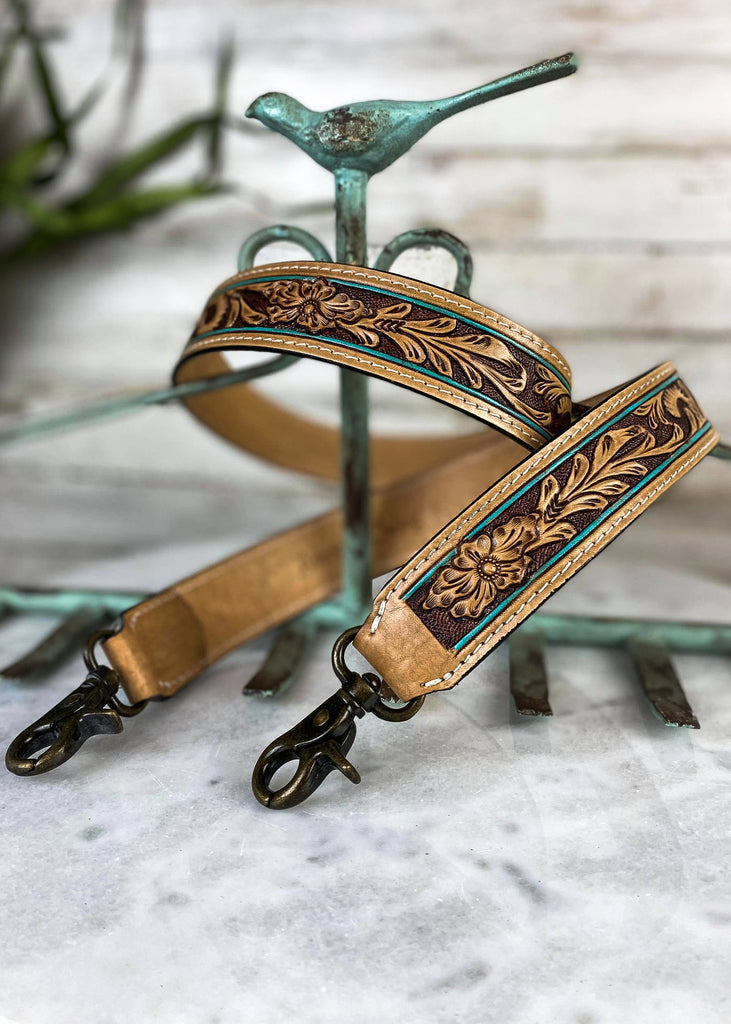 Brown & Teal Floral Garland Purse Strap taken on white table with green floral décor