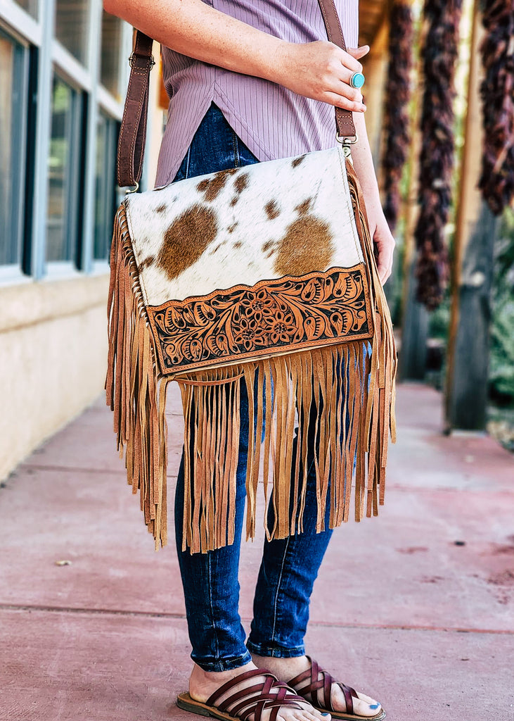 Brown & White Pagosa Cowhide Crossbody Handbag Non Concealed Carry Crossbody Handbag Shiloh   