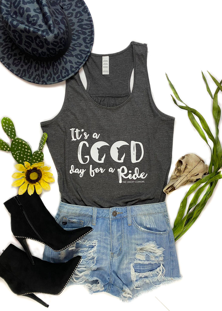 Charcoal Good Day For A Ride Graphic Tank Top tcc graphic tee The Cinchy Cowgirl   