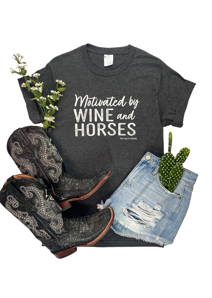 Charcoal Motivated by Wine & Horses Short Sleeve Tee tcc graphic tee The Cinchy Cowgirl   