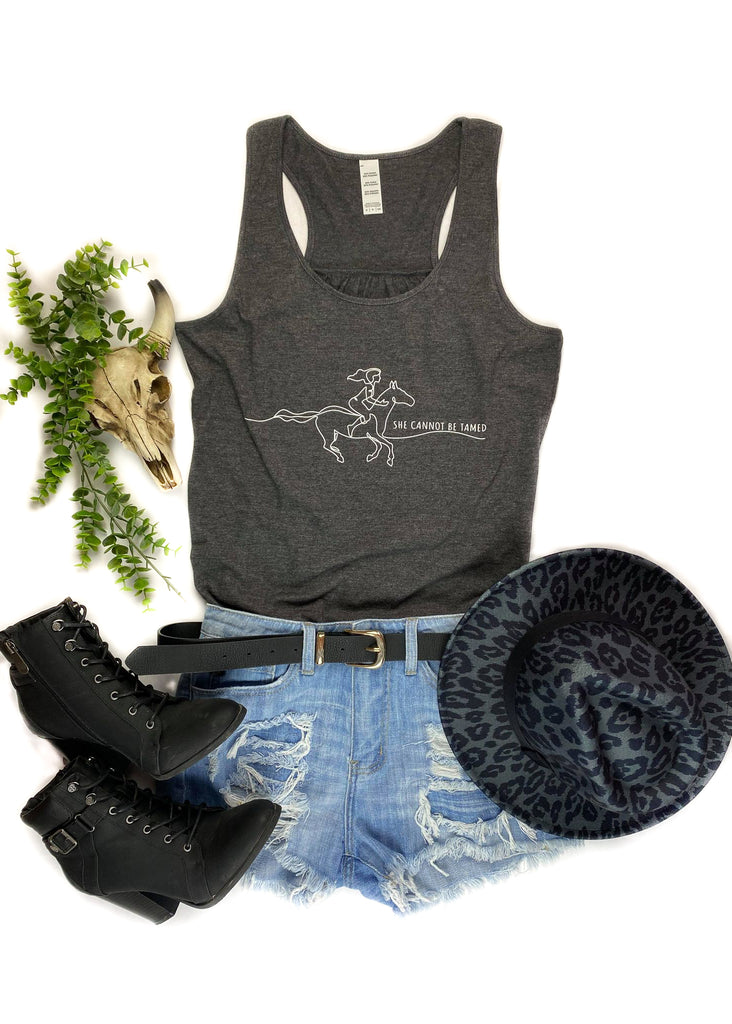 Charcoal She Cannot Be Tamed Tank Top tcc graphic tee The Cinchy Cowgirl   