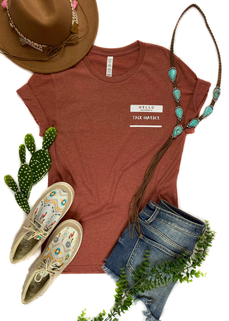 Clay Hello Tack Hoarder Side Short Sleeve Tee tcc graphic tee The Cinchy Cowgirl   