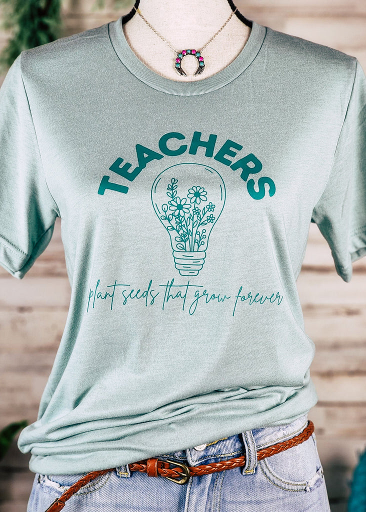 Dusty Blue Teachers Plant Seeds Short Sleeve Graphic Tee tcc graphic tee The Cinchy Cowgirl   
