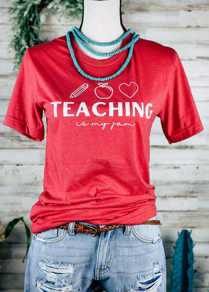 Heather Red Teaching Is My Jam Short Sleeve Graphic Tee tcc graphic tee The Cinchy Cowgirl   