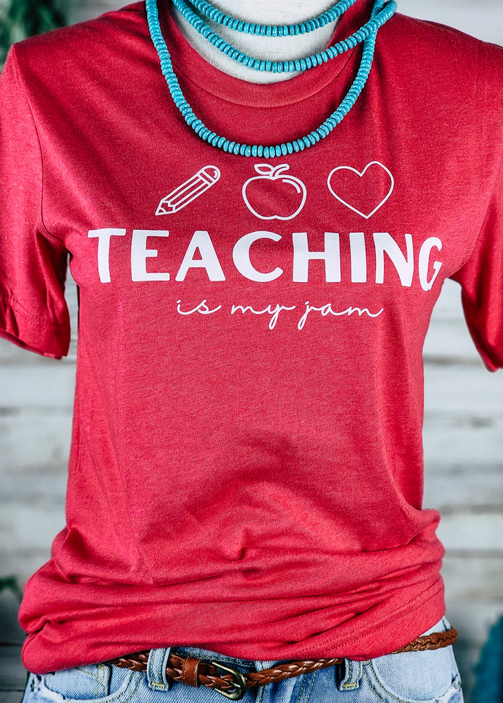 Heather Red Teaching Is My Jam Short Sleeve Graphic Tee tcc graphic tee The Cinchy Cowgirl   