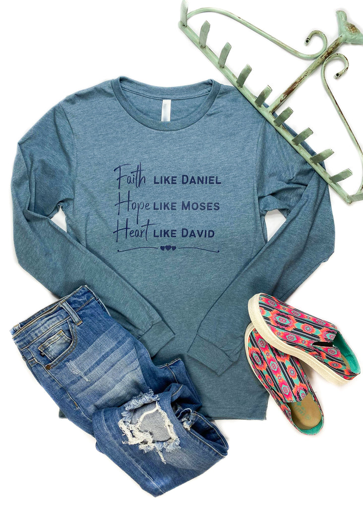 Heather Slate Faith Hope Heart Long Sleeve Graphic Tee graphic tee long sleeve The Cinchy Cowgirl   