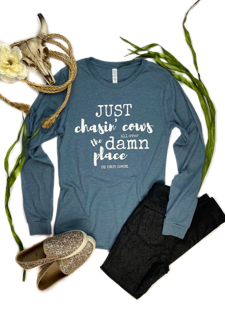 Heather Slate Just Chasin' Cows Long Sleeve Graphic Tee graphic tee long sleeve The Cinchy Cowgirl   