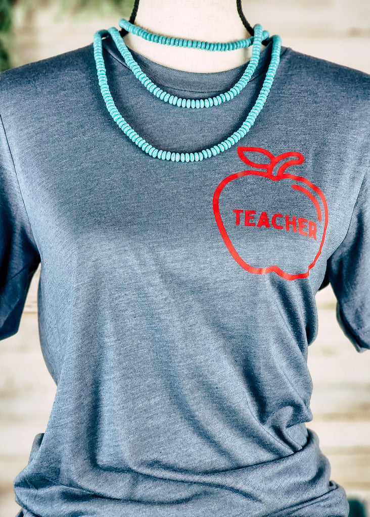 Slate Teacher Apple Tee- SMALL tcc graphic tee - sample small The Cinchy Cowgirl   