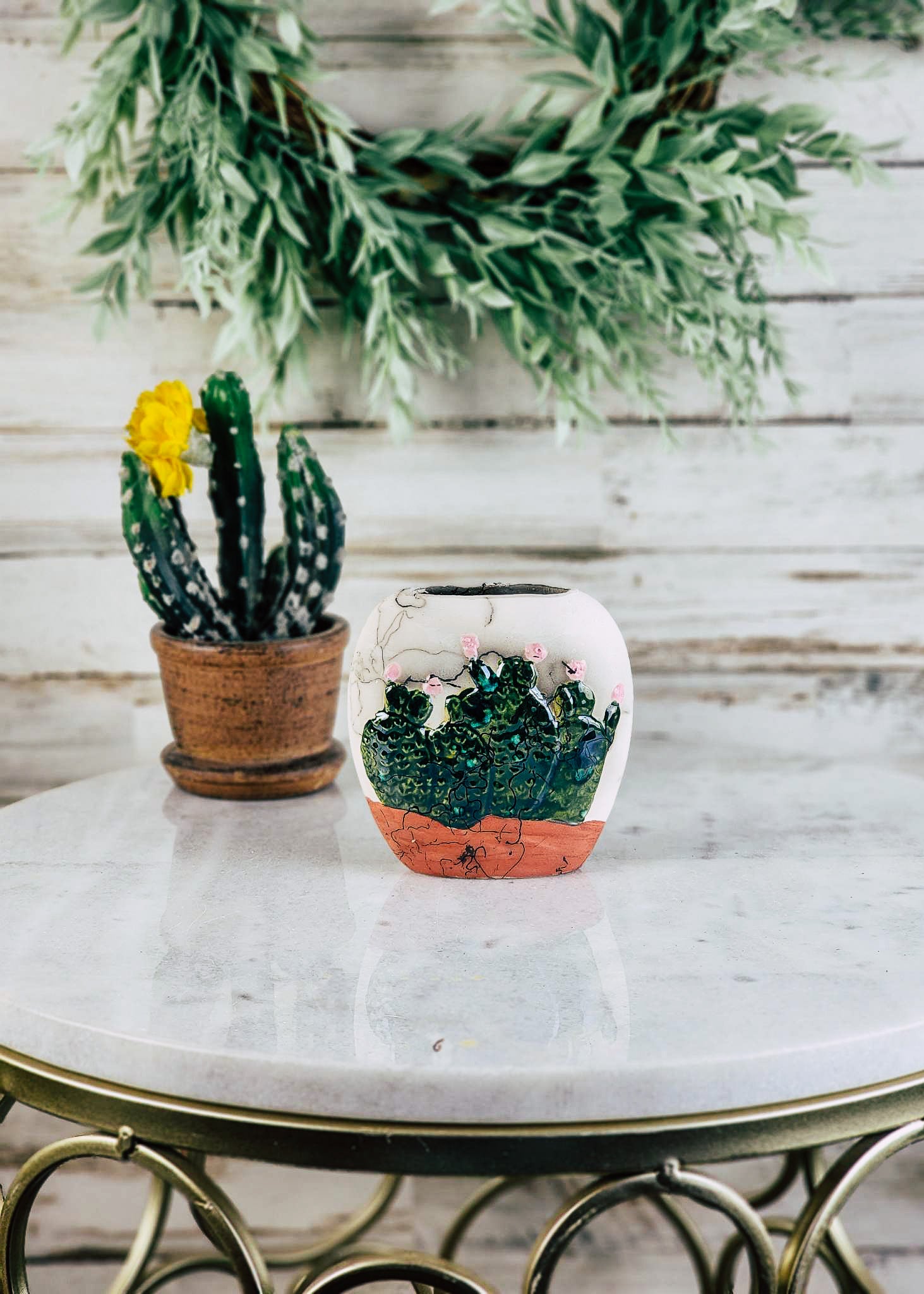 Horse Hair Dark Green Cactus Pillow Vase Horse Hair Pottery Mike Tarter   