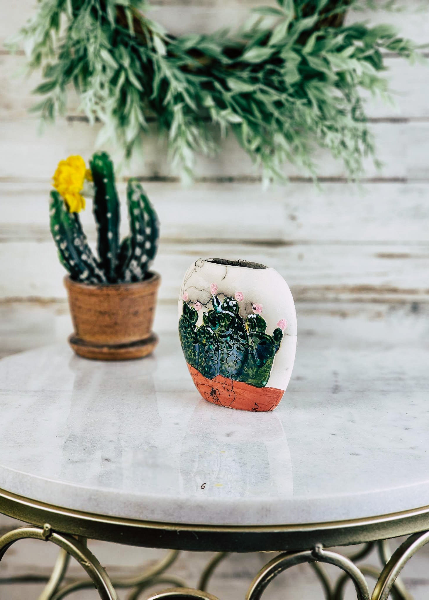 Horse Hair Dark Green Cactus Pillow Vase Horse Hair Pottery Mike Tarter   