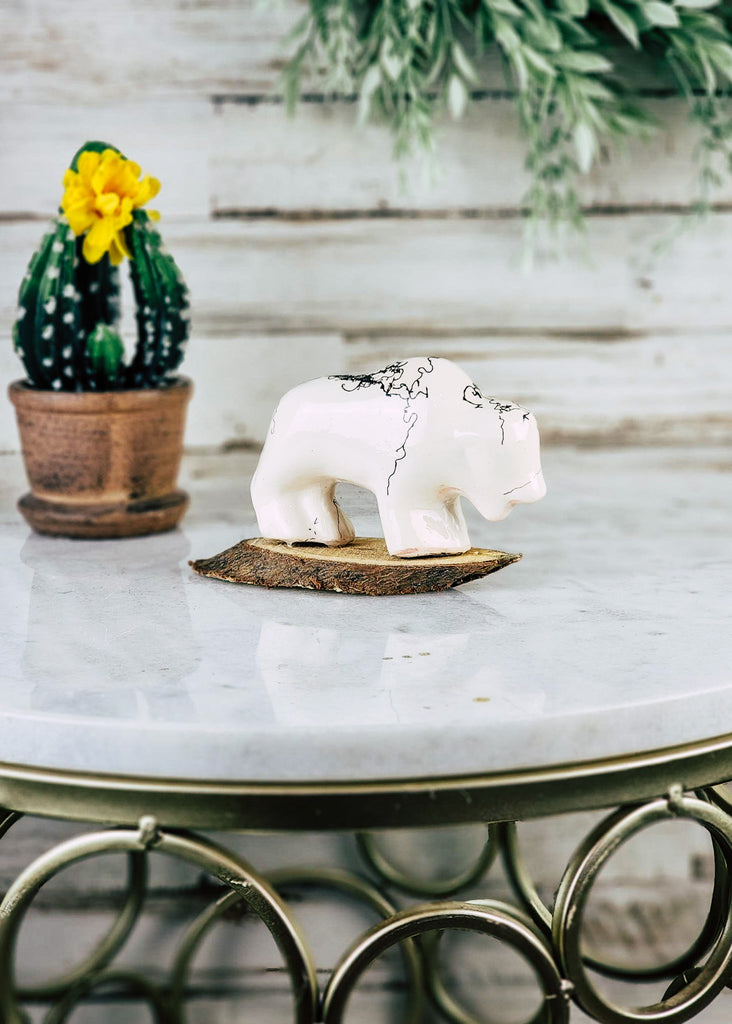 Horse Hair Small White Buffalo with Stand Horse Hair Pottery Mike Tarter   