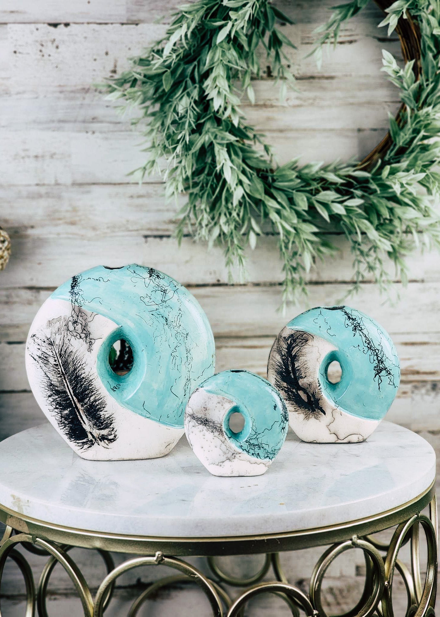 Horse Hair Turquoise Criss Cross Vase (3 Sizes) Horse Hair Pottery Mike Tarter   