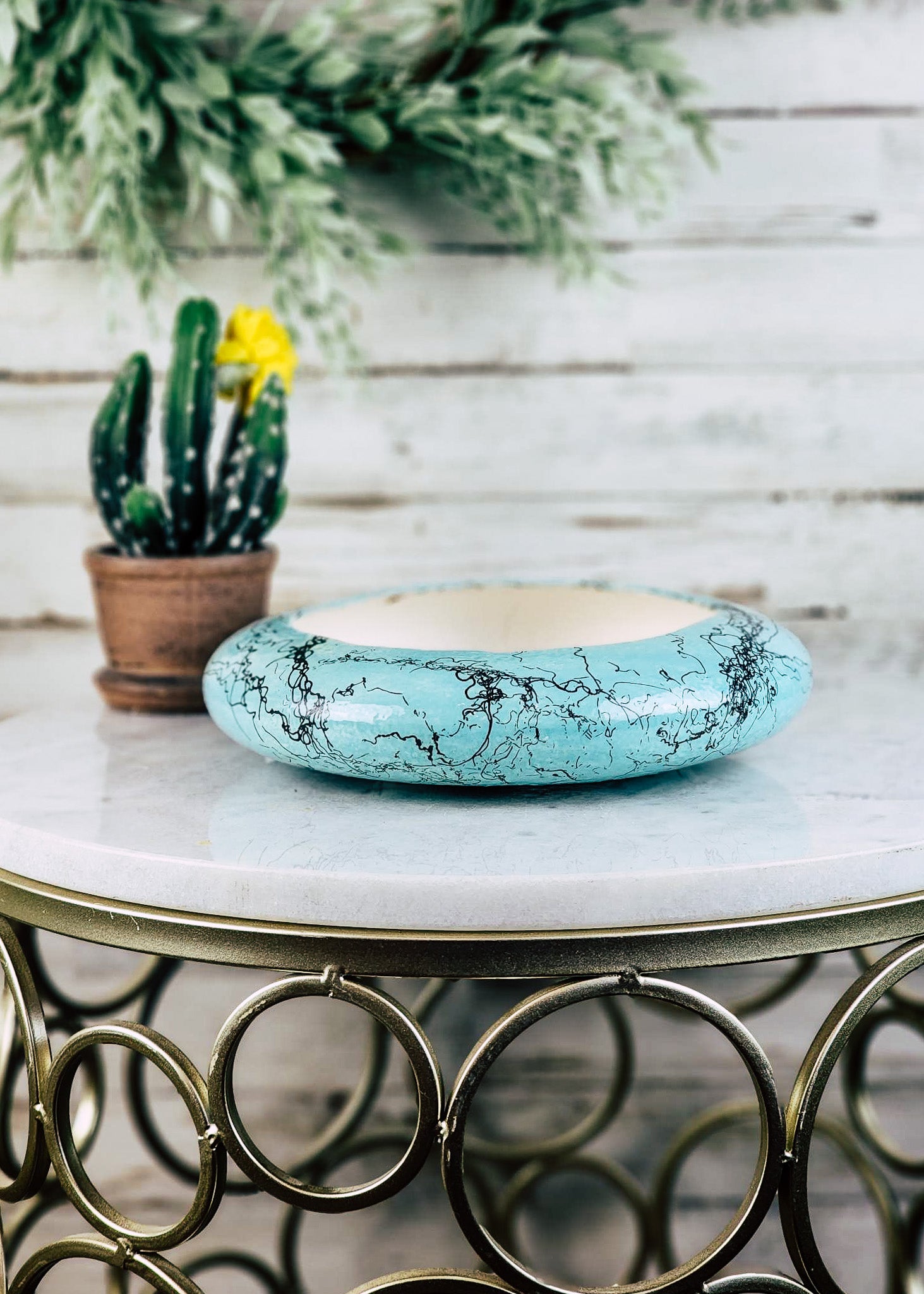 Horse Hair Turquoise Succulent/Trinket/Floral Bowl Horse Hair Pottery Mike Tarter   