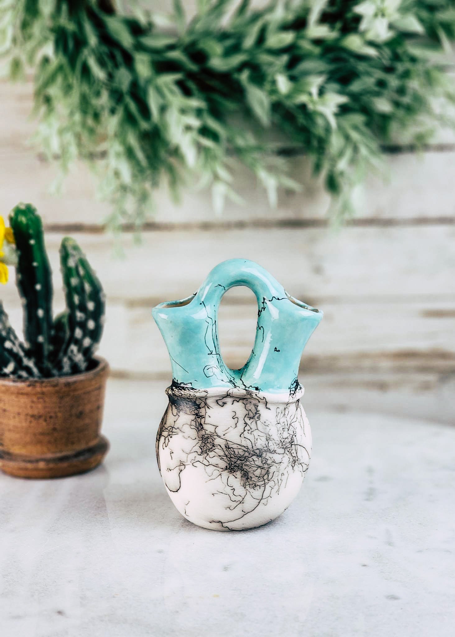 Horse Hair Turquoise & White Wedding Vase Horse Hair Pottery Mike Tarter   