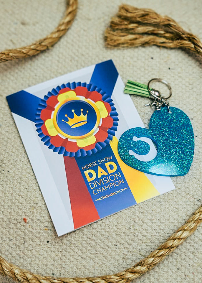 Horse Show Dad Greeting Card + Keychain on cream background with rope decor