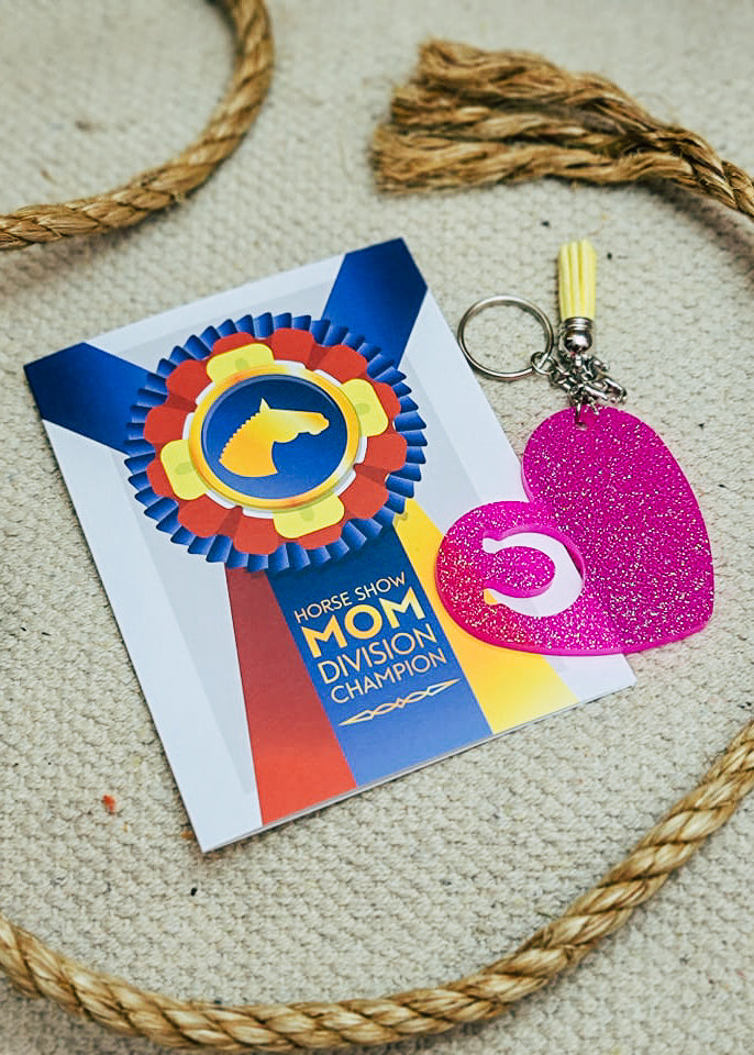 Horse Show Mom Greeting Card + Keychain on cream background with rope decor