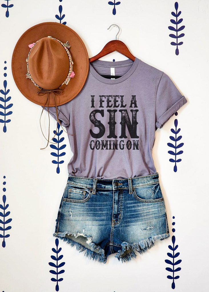 I Feel A Sin Coming On Short Sleeve Tee [4 colors] tcc graphic tee - $19.99 The Cinchy Cowgirl Small Storm (Dark Gray) 