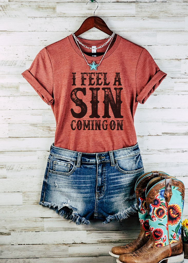I Feel A Sin Coming On Short Sleeve Tee [4 colors] tcc graphic tee - $19.99 The Cinchy Cowgirl Small Heather Clay 
