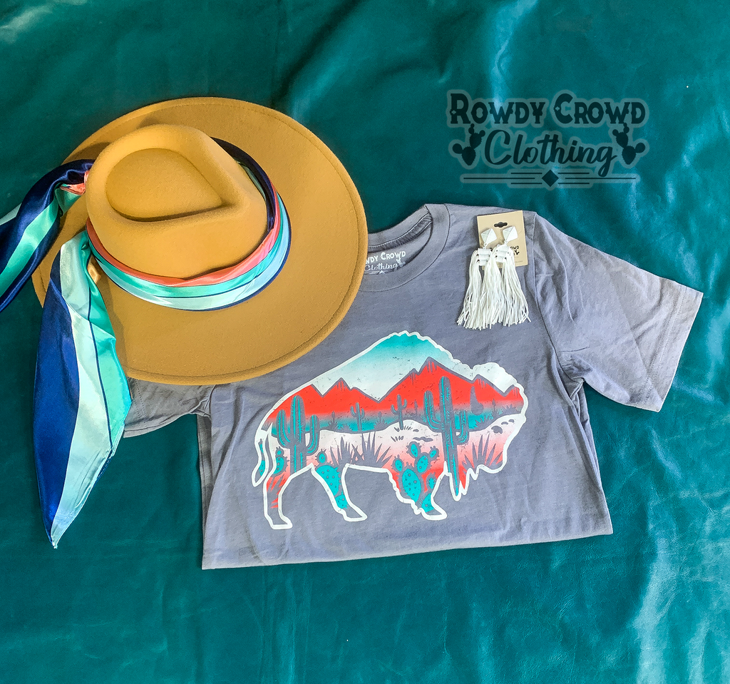Grey short sleeve with a white outlined background and a desert scene inside of the buffalo. Red and shades of turquoise make up the desert scene (mountains and cacti).  Shirt folded on teal background. 
