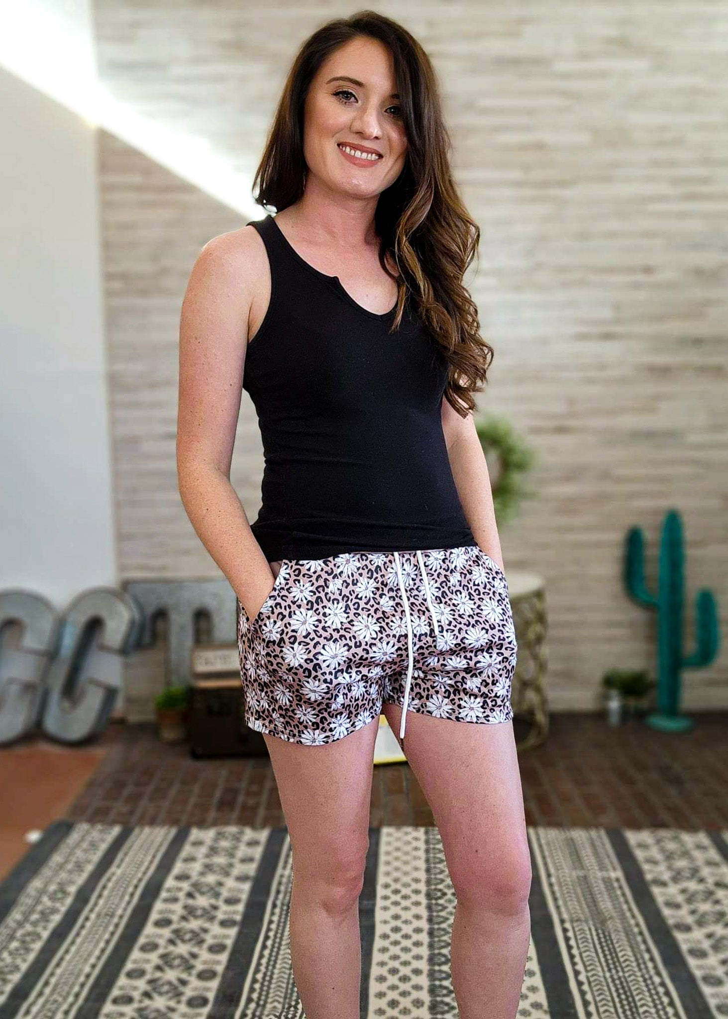 Leopard Daisy Drawstring Shorts drawstring shorts The Cinchy Cowgirl (YC)   