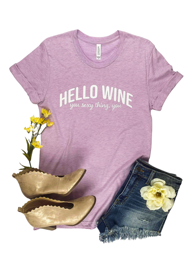 Lilac Hello Wine Short Sleeve Graphic Tee tcc graphic tee The Cinchy Cowgirl   