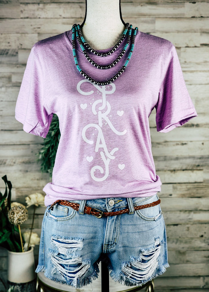 Lilac Pray Short Sleeve Graphic Tee tcc graphic tee The Cinchy Cowgirl   