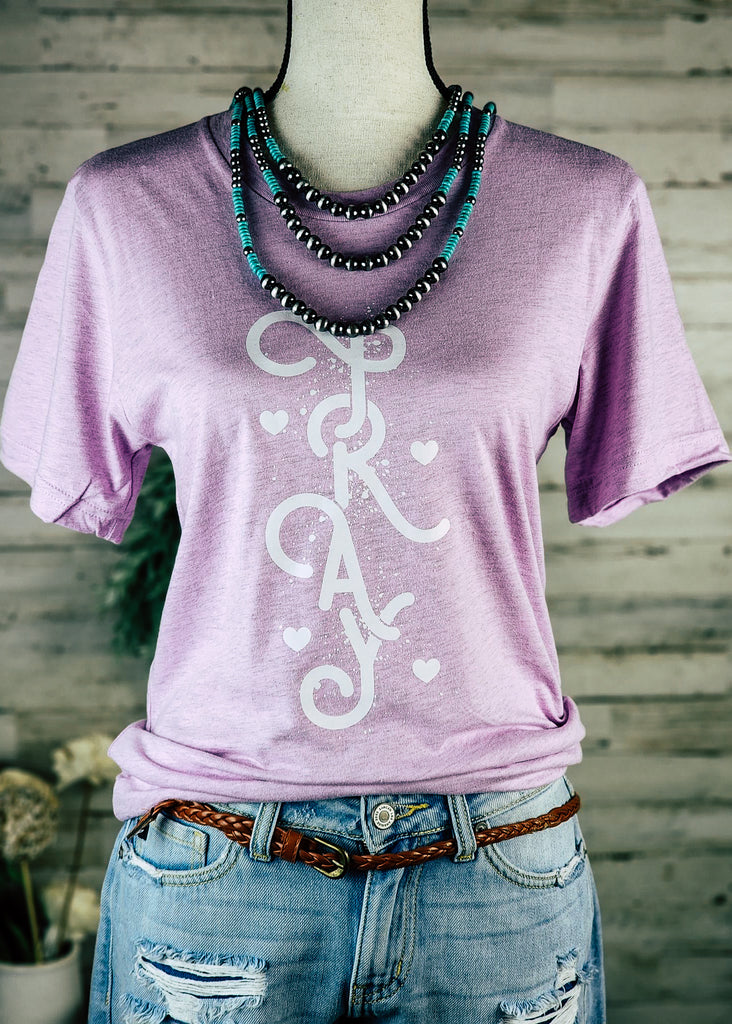 Lilac Pray Short Sleeve Graphic Tee tcc graphic tee The Cinchy Cowgirl   