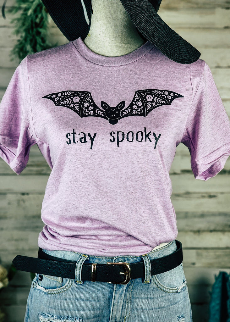 Lilac Stay Spooky Sleeve Graphic Tee tcc graphic tee The Cinchy Cowgirl   