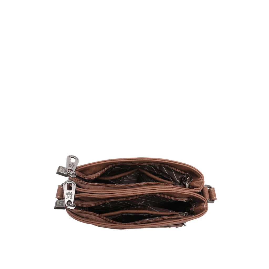 Interior navy fringe concealed carry bag. Two open pockets with a middle divider. 